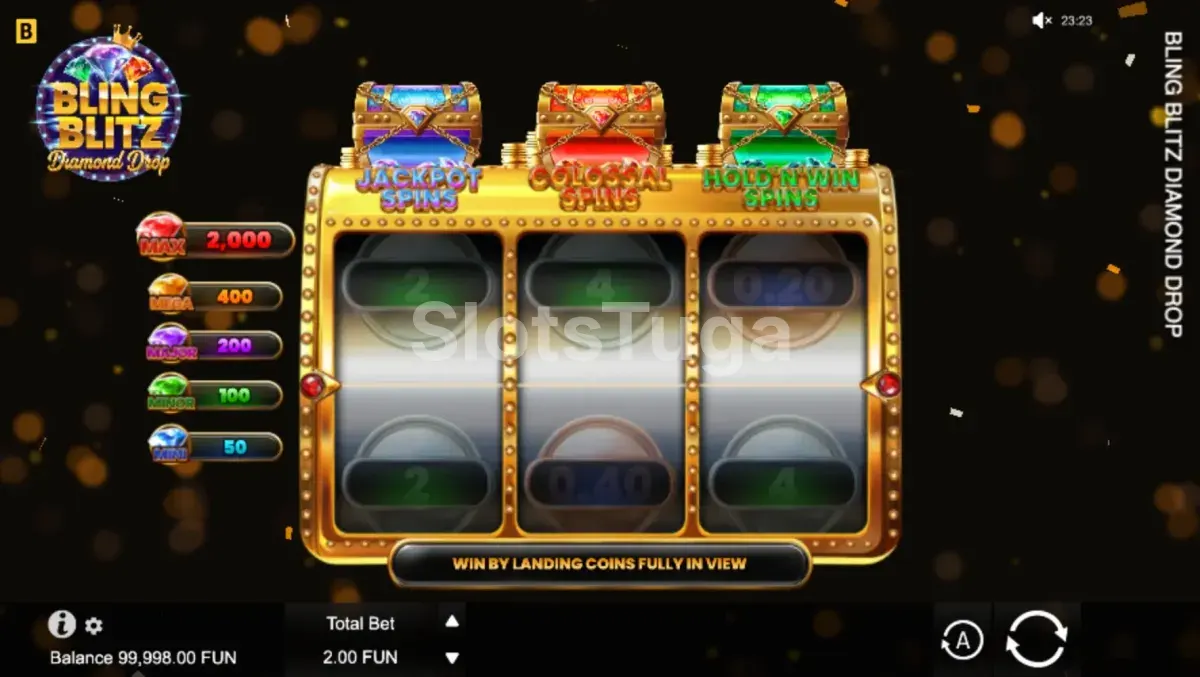 Tela principal da slot Bling Blitz Diamond Drop com rolos e jackpots em destaque