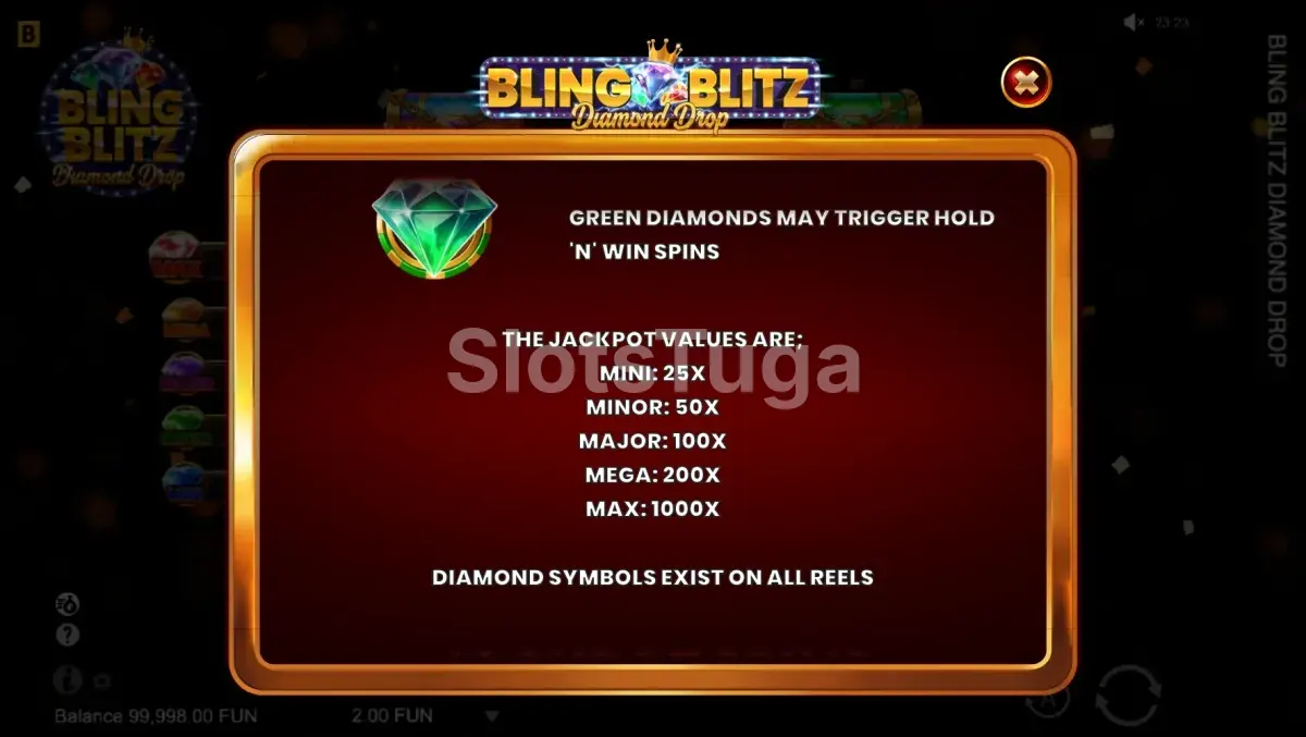 Tabela de pagamentos da Bling Blitz Diamond Drop mostrando símbolos e multiplicadores
