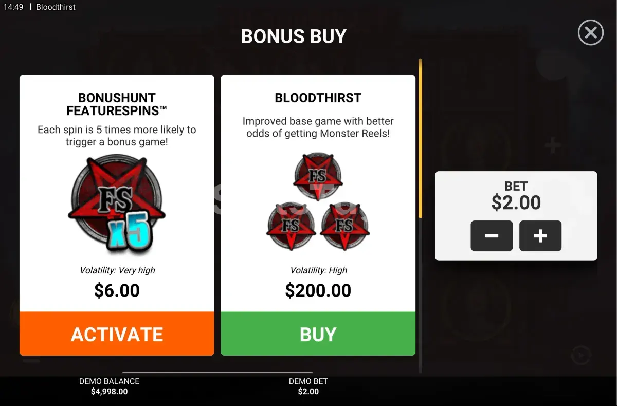 Opções de compra de bônus na slot Bloodthirst