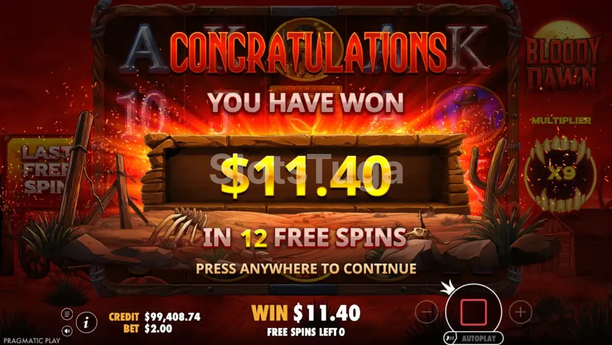 Big win na Bloody Dawn com multiplicador alto durante os giros grátis