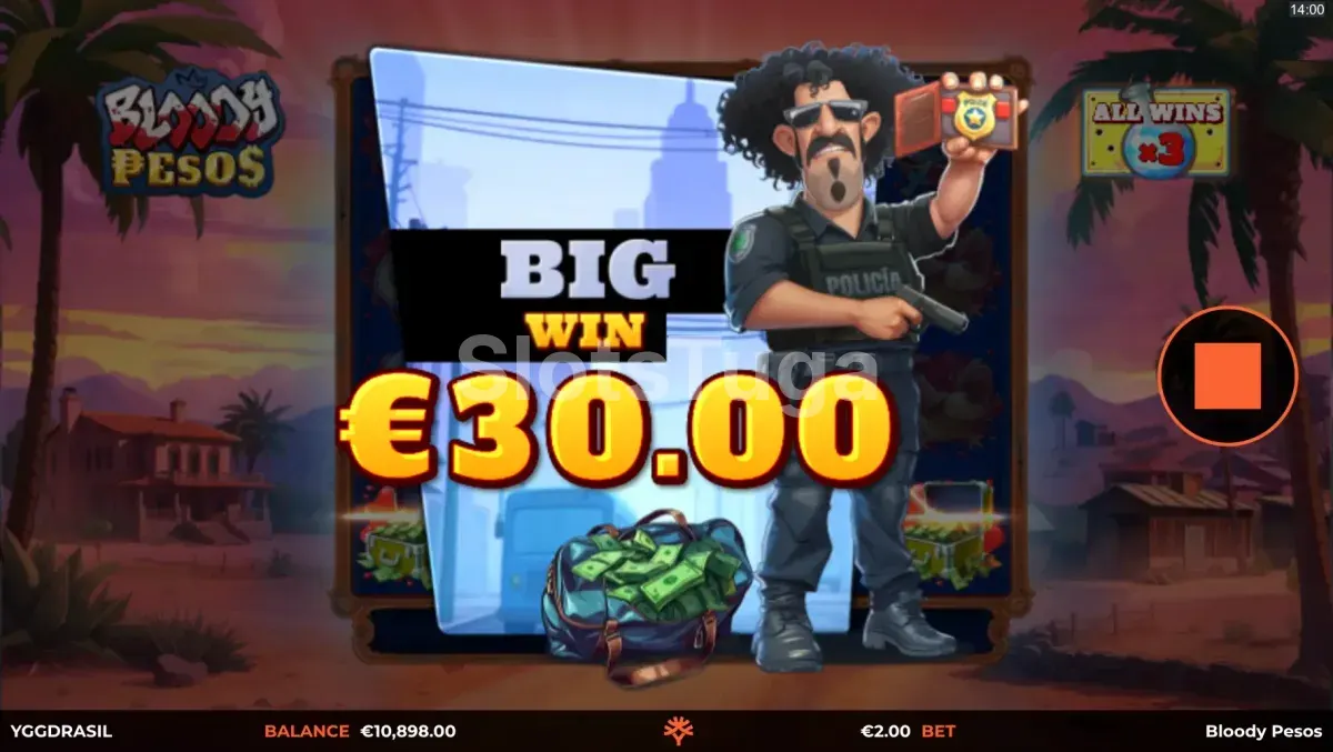 Tela de grande vitória na Bloody Pesos mostrando o potencial máximo da slot