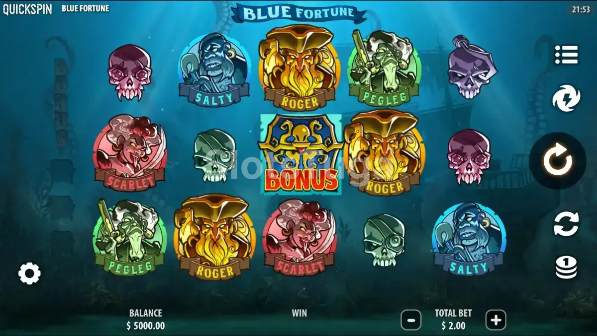 Jogo base da Blue Fortune com piratas zumbis e caveiras no fundo do mar