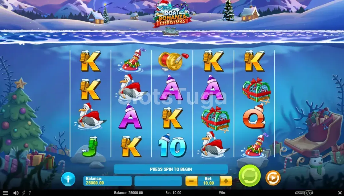 Tela principal do jogo Boat Bonanza Christmas com barcos sobre os rolos