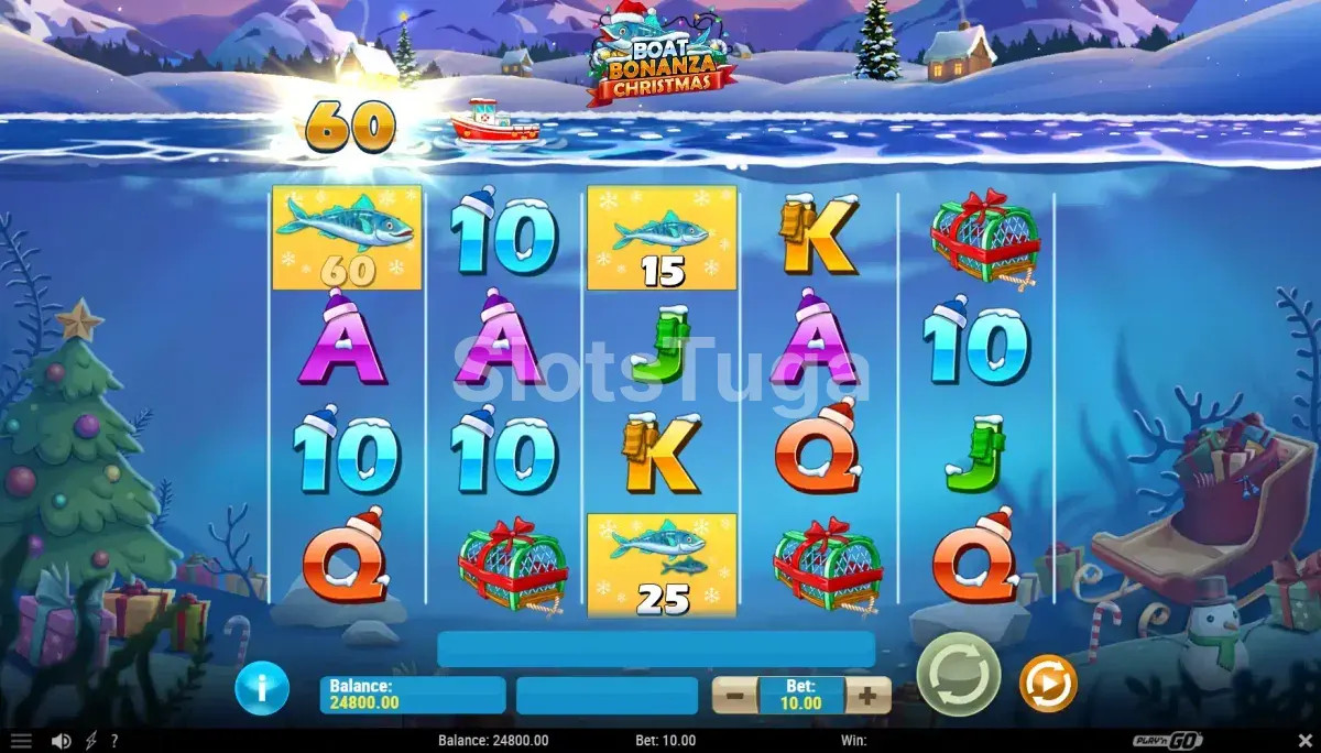 Resultado de rodada no Boat Bonanza Christmas mostrando captura de símbolos