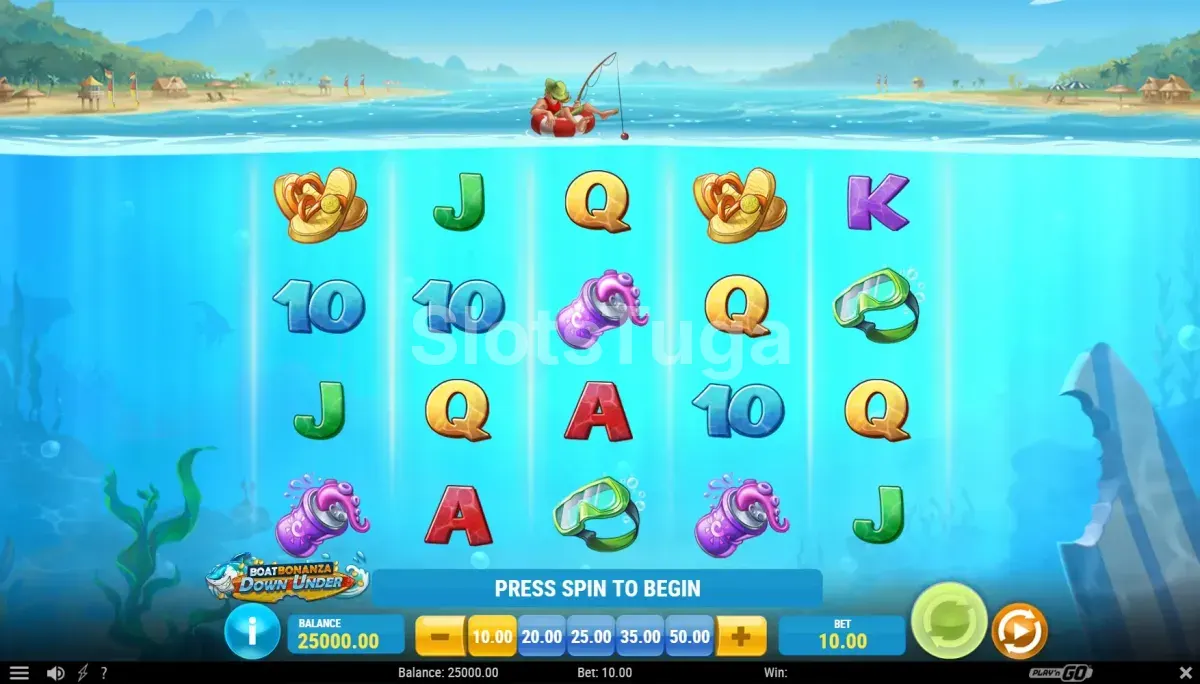 Tela principal do jogo Boat Bonanza Down Under com o pescador dormindo