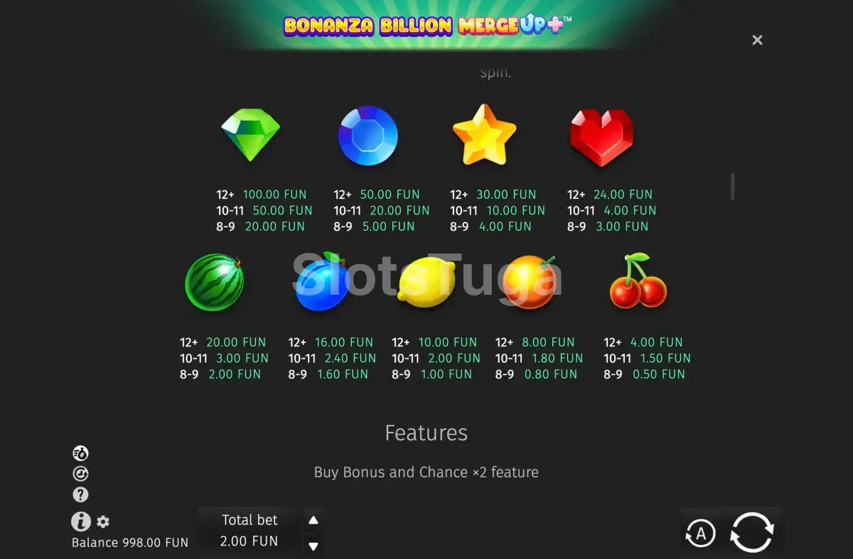 Tabela de pagamentos de Bonanza Billion Merge Up™+ com os valores por cluster