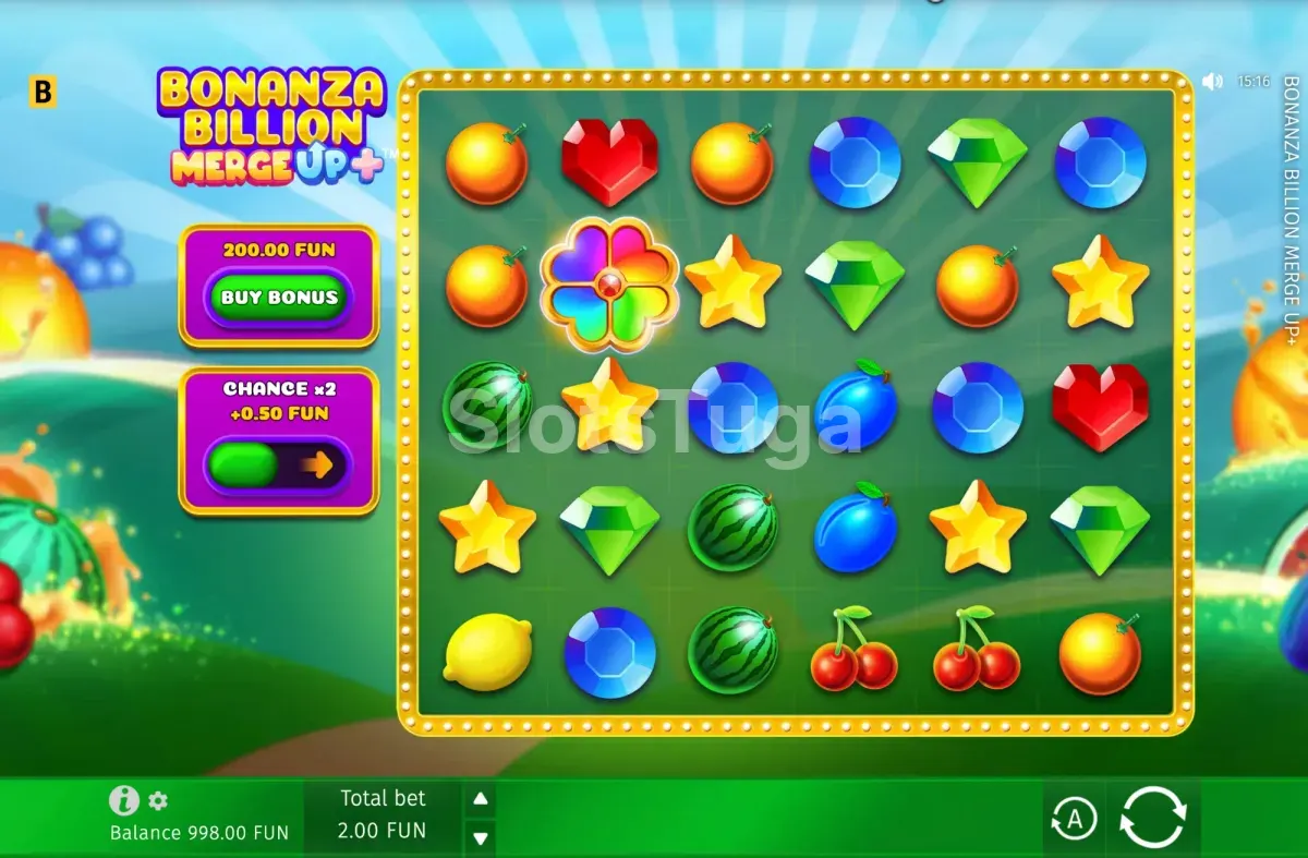 Jogo base de Bonanza Billion Merge Up™+ com a grelha de 6 rolos e símbolos de fruta