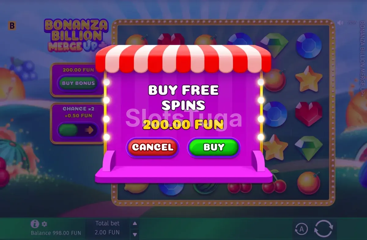 Ecrã de Bonus Buy de Bonanza Billion Merge Up™+ com o preço da ronda de bónus