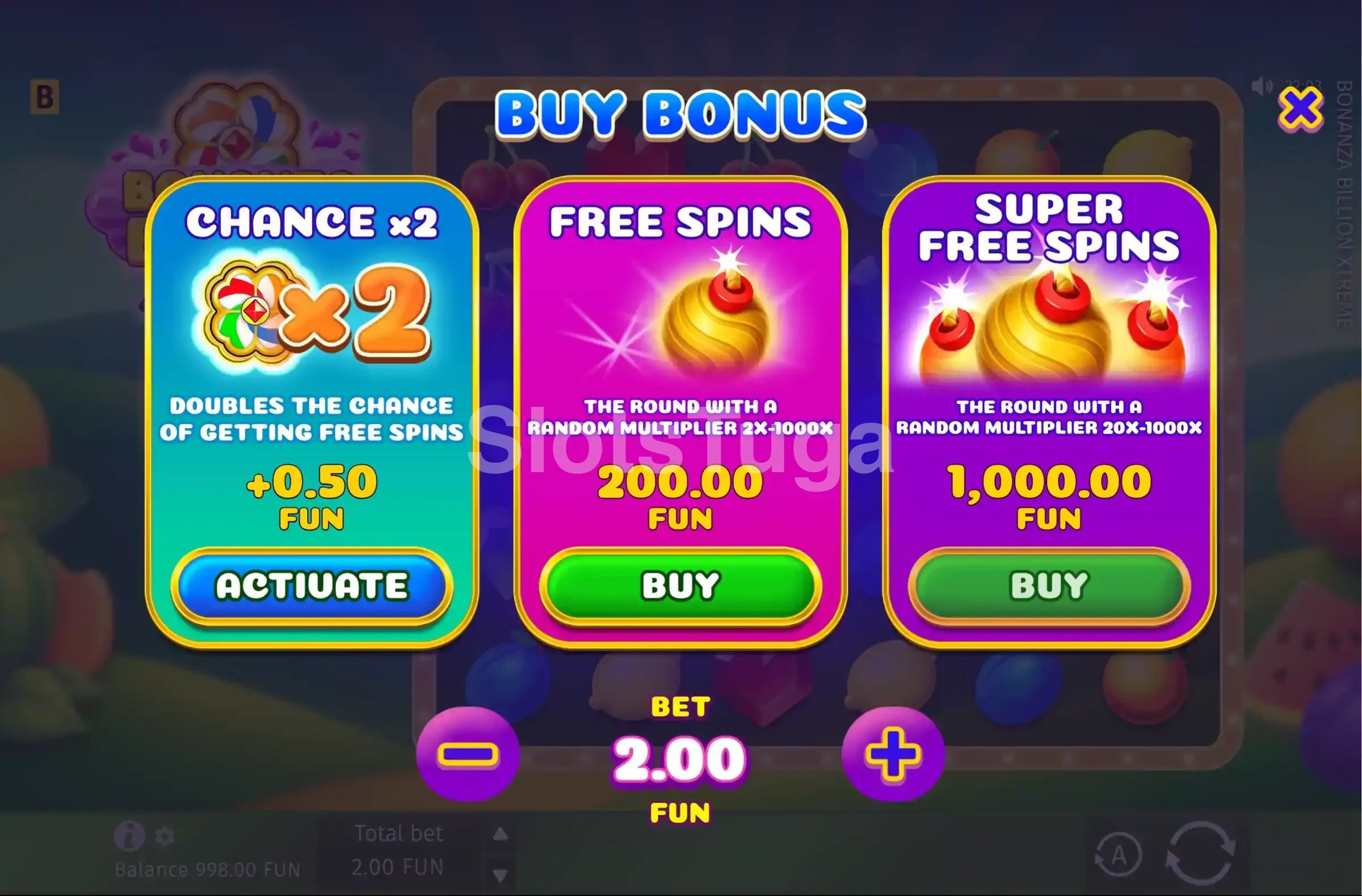 Tela de compra de bônus do Bonanza Billion Xtreme com as opções disponíveis
