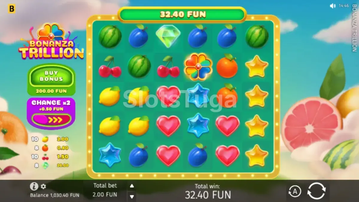 Jogo base da Bonanza Trillion com frutas coloridas nos rolos