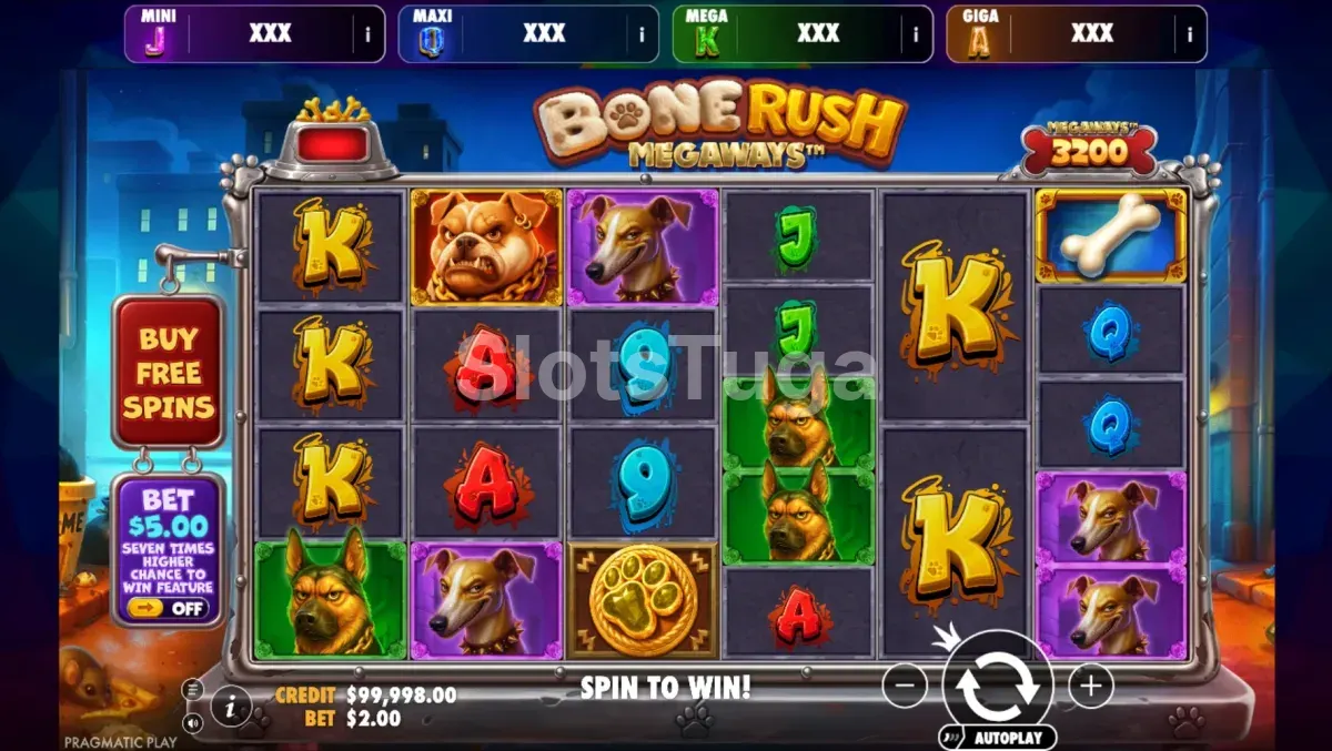 Jogo base de Bone Rush Megaways Oranje Jackpot com a grelha de 6 rolos