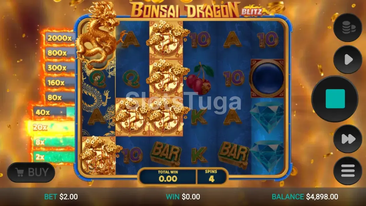 Rodadas grátis ativadas na Bonsai Dragon Blitz Dream Drop com multiplicadores em ação