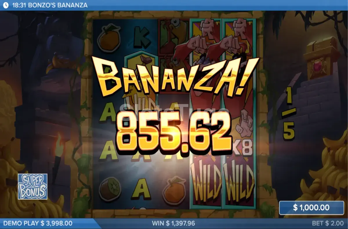 Tela de Big Win na Bonzo's Bananza com multiplicador expressivo e celebração do gorila