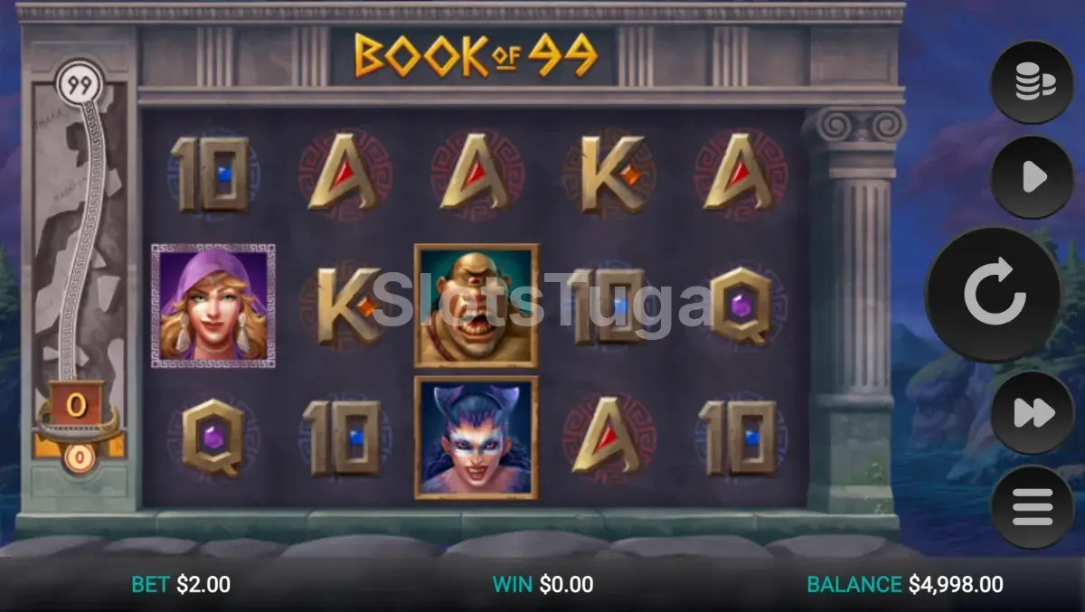 Book of 99: cinco rolos numa sala de colunas gregas, com uma heroína, um ciclope e uma criatura de chifres entre letras douradas, e o medidor do 99 à esquerda.