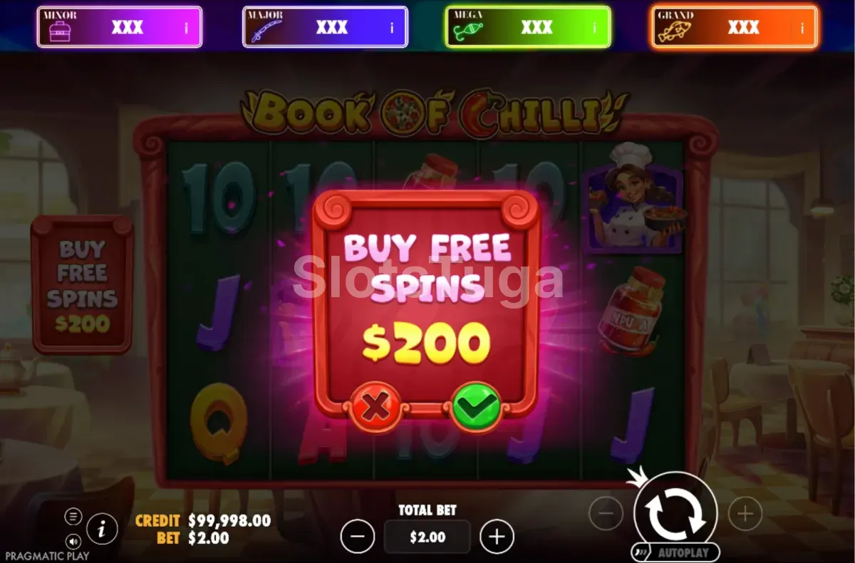 Ecrã de compra de bónus em Book of Chilli, Big Bass Jackpot Bonanza