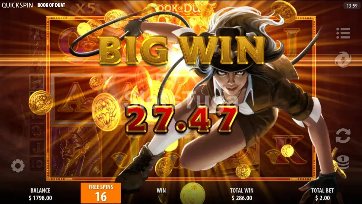 Big win no Book of Duat com tela cheia de símbolos da Anna