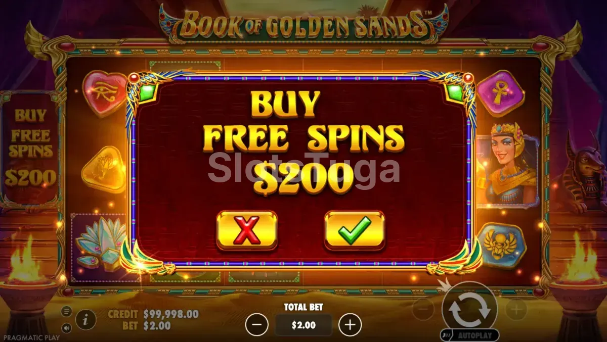 Tela de compra de bônus do Book of Golden Sands com opção de acesso direto às rodadas grátis