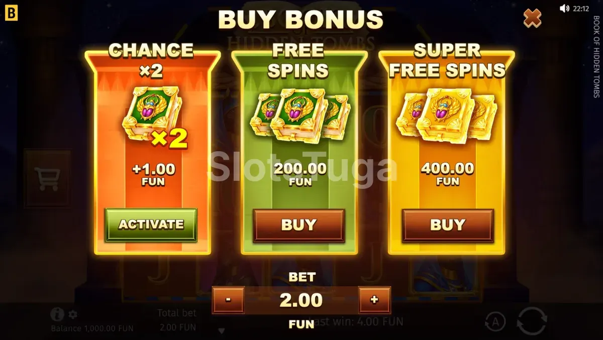 Menu de Bonus Buy em Book of Hidden Tombs