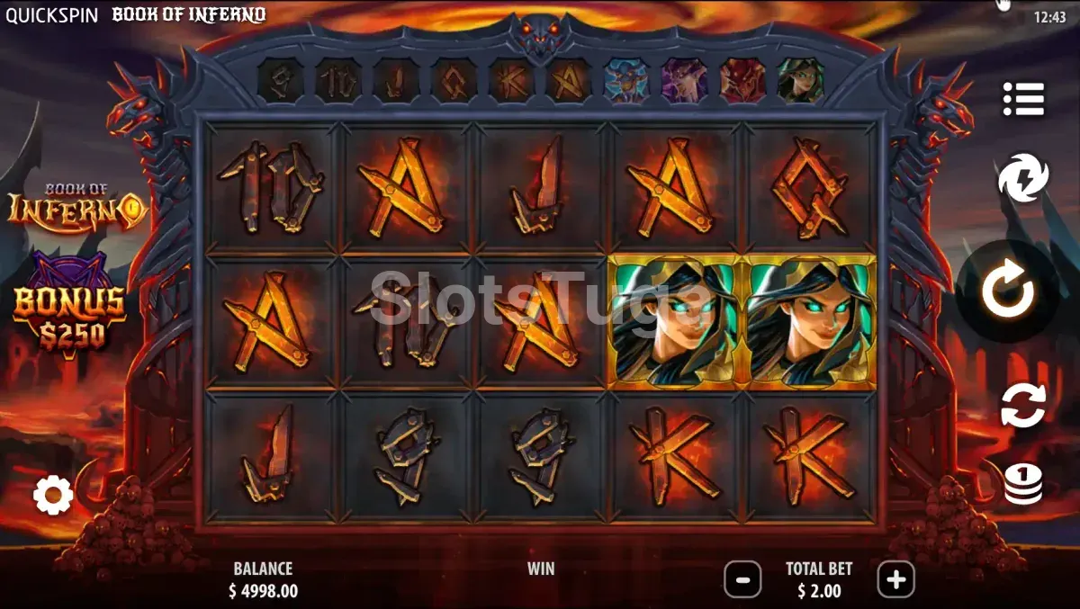 Jogo base do Book of Inferno com rolos em chamas e personagens demoníacos
