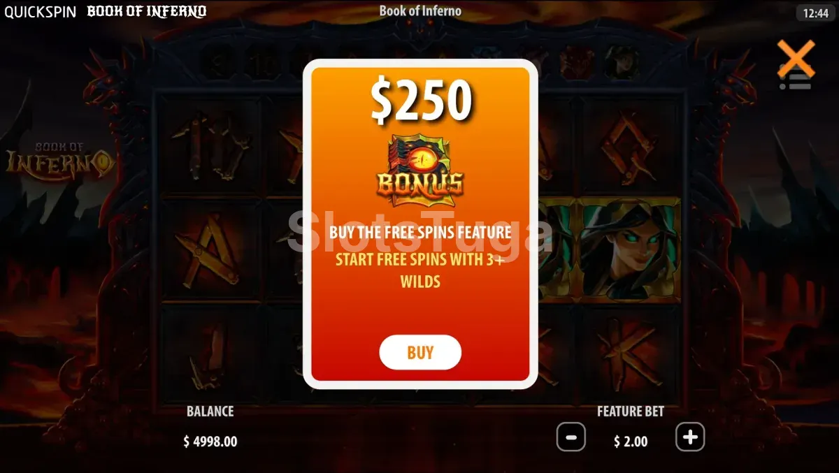Tela de compra de bônus do Book of Inferno com opções de ativação