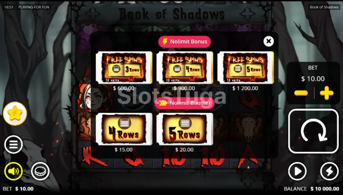Tela de compra de bônus da Book of Shadows com opções disponíveis