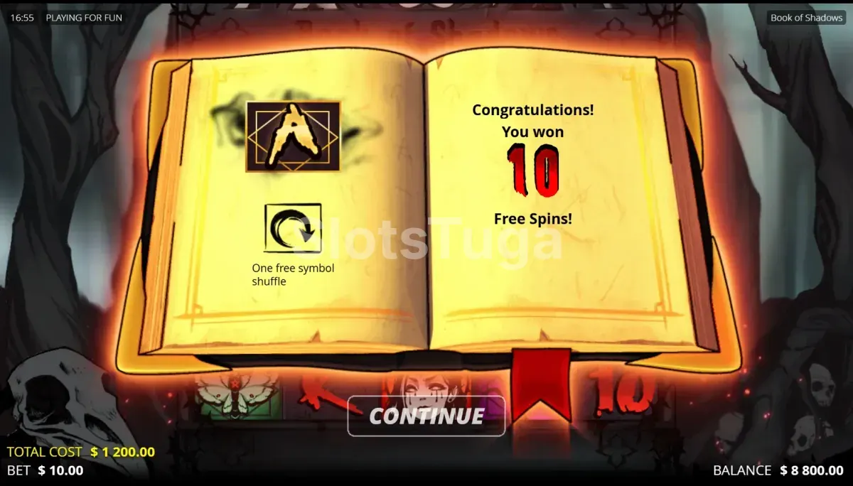 Rodadas grátis ativadas na Book of Shadows com símbolo expandido nos rolos