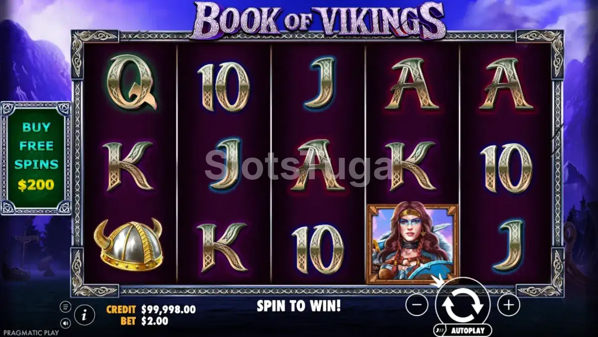 Jogo base do Book of Vikings com rolos e cenário de fiordes