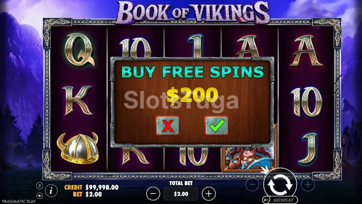 Tela de compra de bônus do Book of Vikings com opção de Bonus Buy