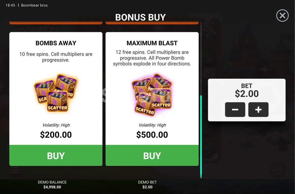 Ecrã de compra de bónus em Boombear Bros