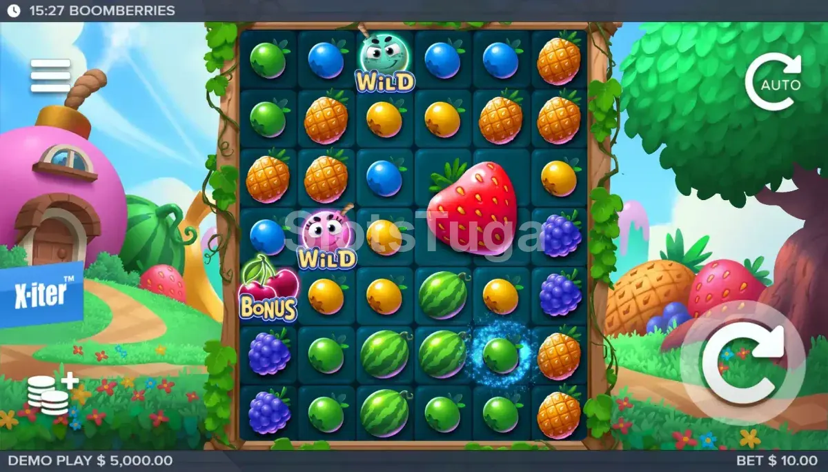 Tela principal da slot Boomberries com frutas coloridas na grade 6x7