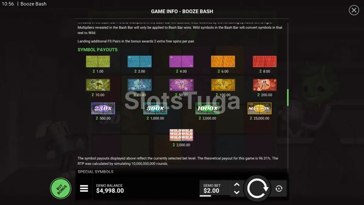 Tabela de pagamentos da Booze Bash com todos os símbolos e valores