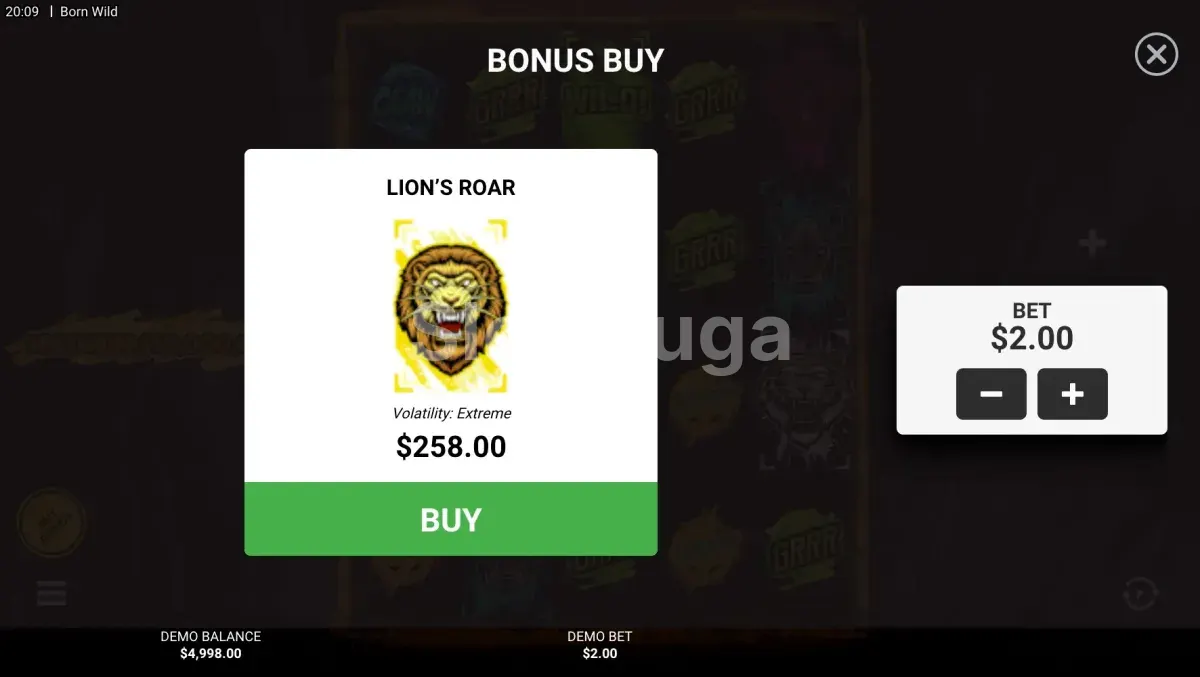 Tela de compra de bônus da Born Wild da Hacksaw Gaming