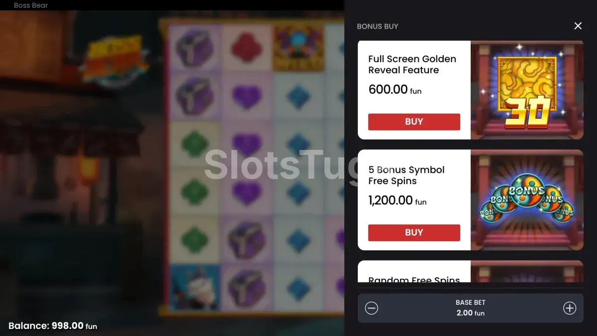 Menu de compra de bônus do Boss Bear com três opções