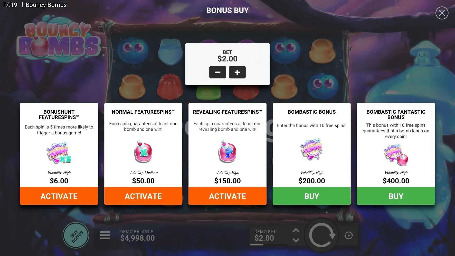 Menu de compra de bônus da Bouncy Bombs