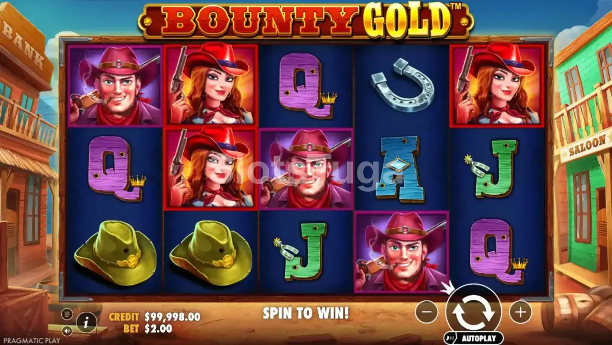 Tela principal do jogo Bounty Gold com os cinco rolos no Velho Oeste