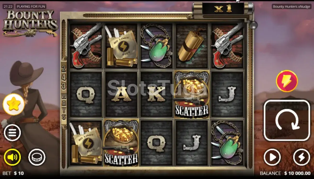Jogo base da slot Bounty Hunters com seus 5 rolos e tema de faroeste
