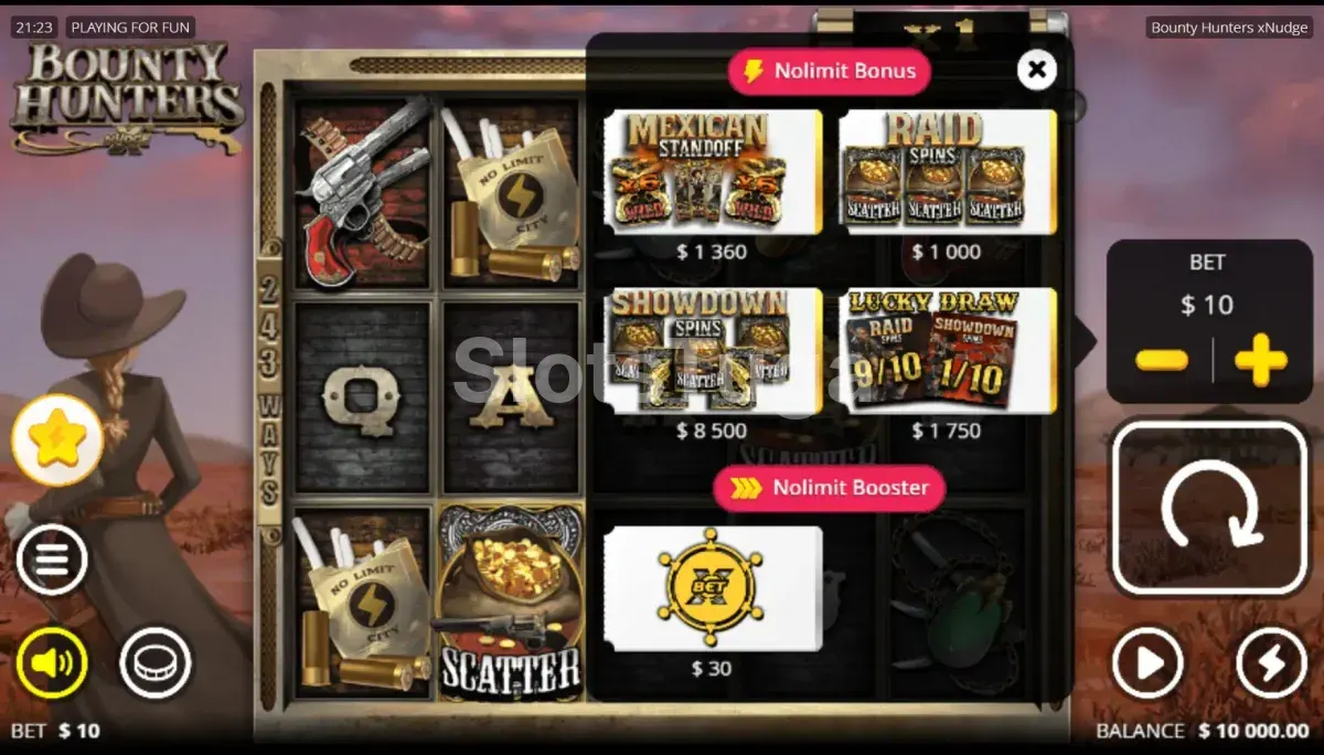 Tela de compra de bônus da slot Bounty Hunters com as opções disponíveis