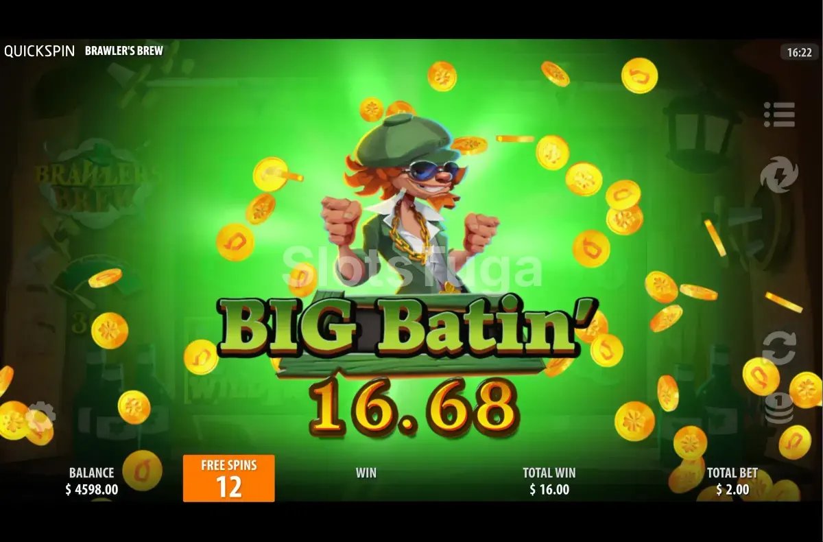 Big win na slot Brawlers Brew com a tela de grande vitória e multiplicador