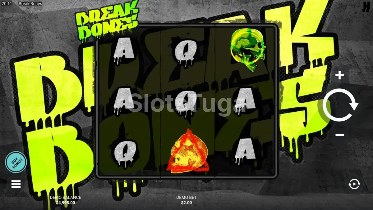 Jogo base da slot Break Bones com grade 3x3 e símbolos de caveiras