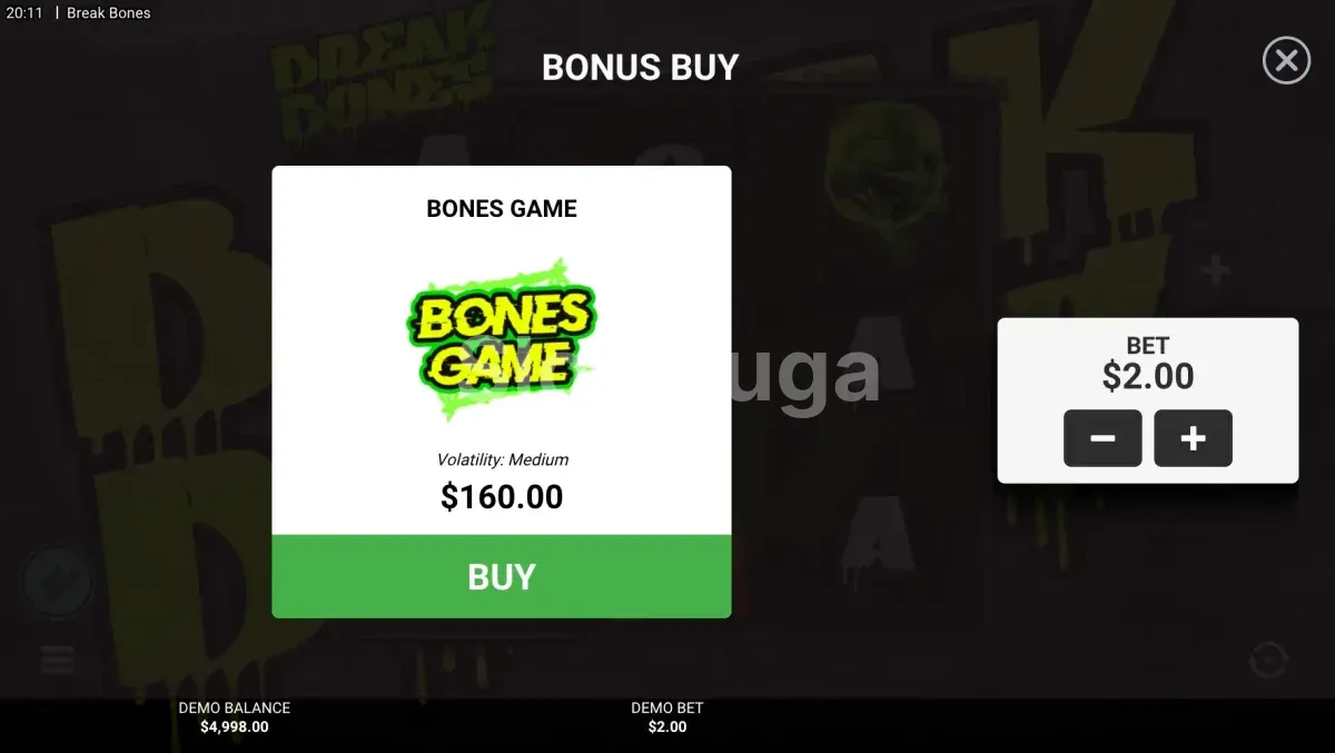 Tela de compra de bônus da slot Break Bones da Hacksaw Gaming
