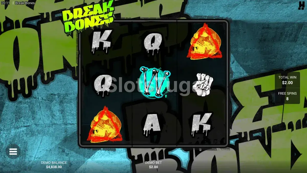 Rodada de giros grátis ativada na slot Break Bones