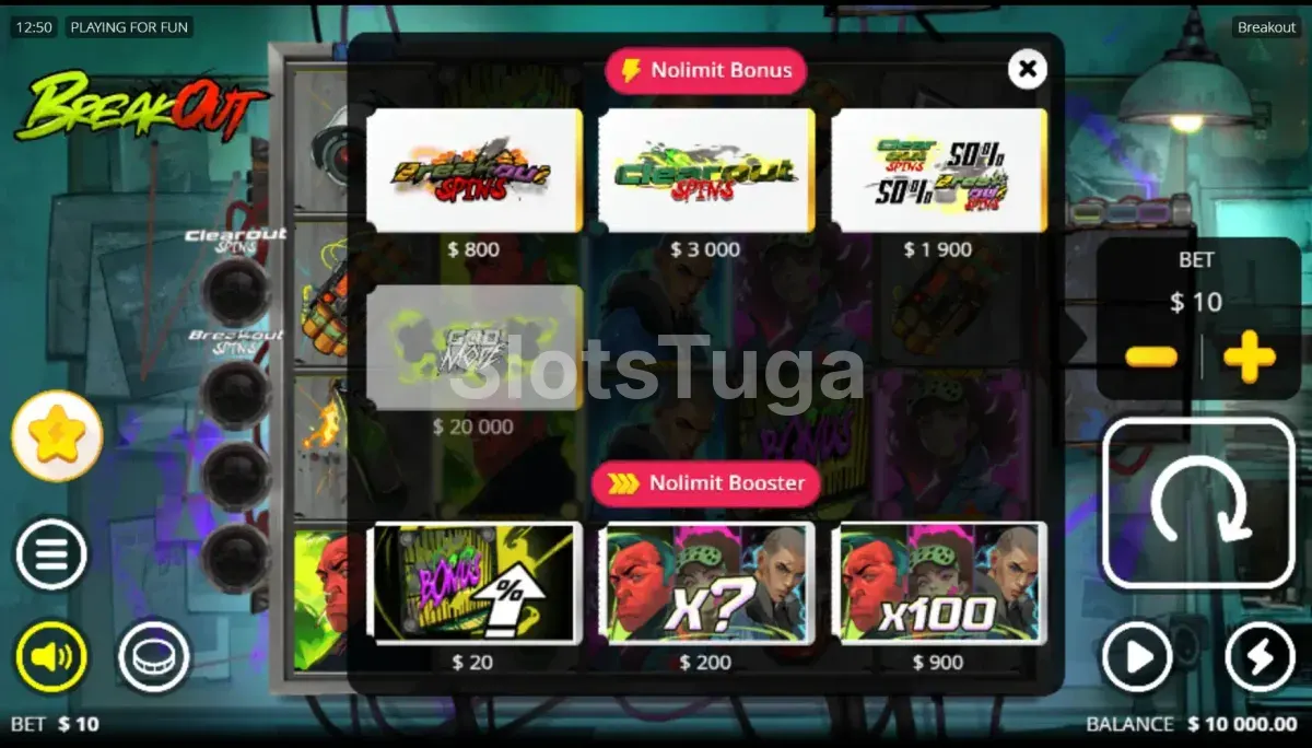 Tela de compra de bônus da slot Breakout da Nolimit City