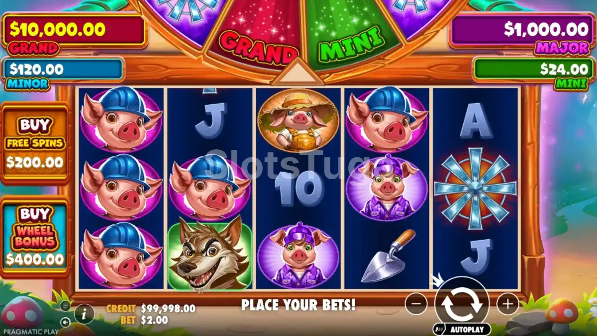 Jogo base do Brick House Bonanza com os três porquinhos nos rolos
