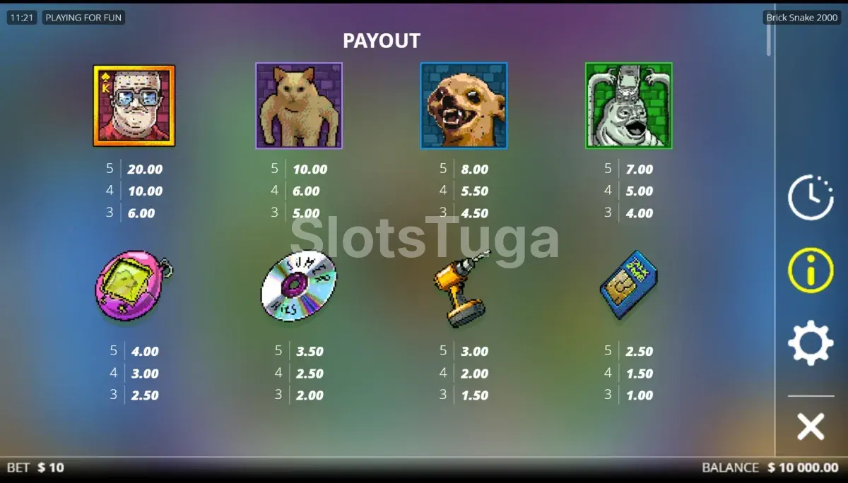 Tabela de pagamentos do Brick Snake 2000 com símbolos e valores