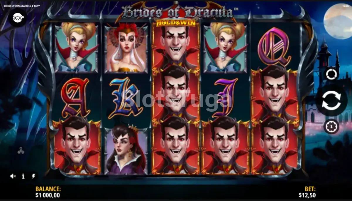 Tela inicial do jogo Brides of Dracula Hold & Win com os rolos principais