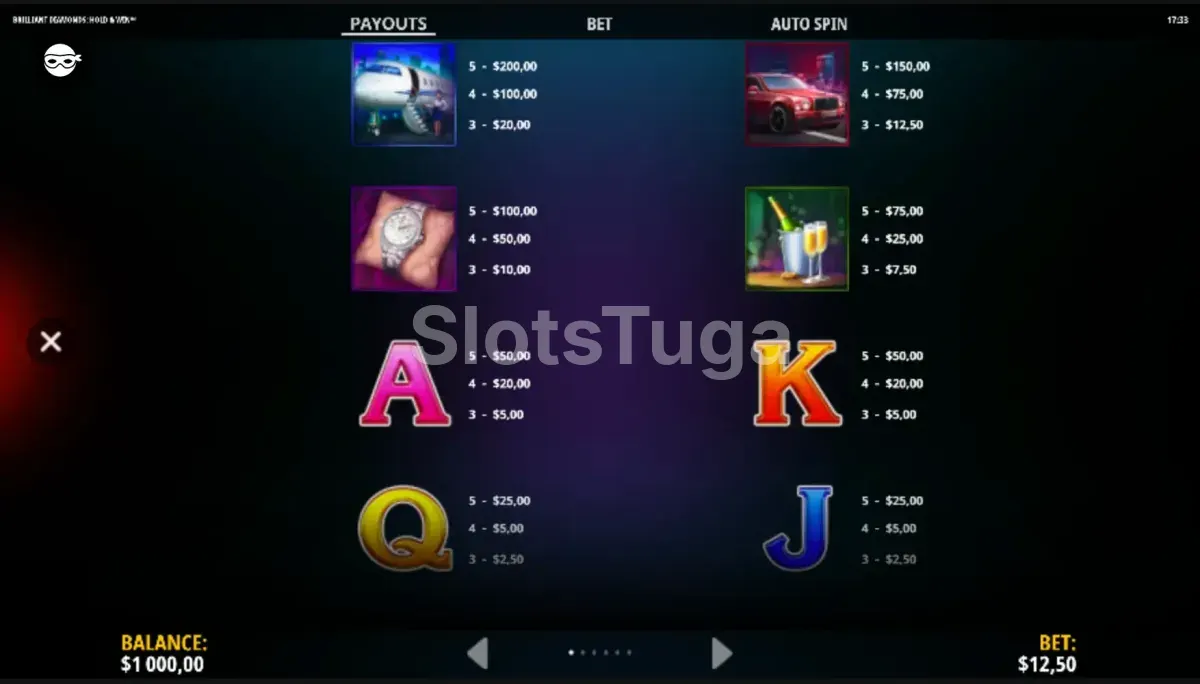 Tabela de pagamentos da Brilliant Diamonds Hold & Win