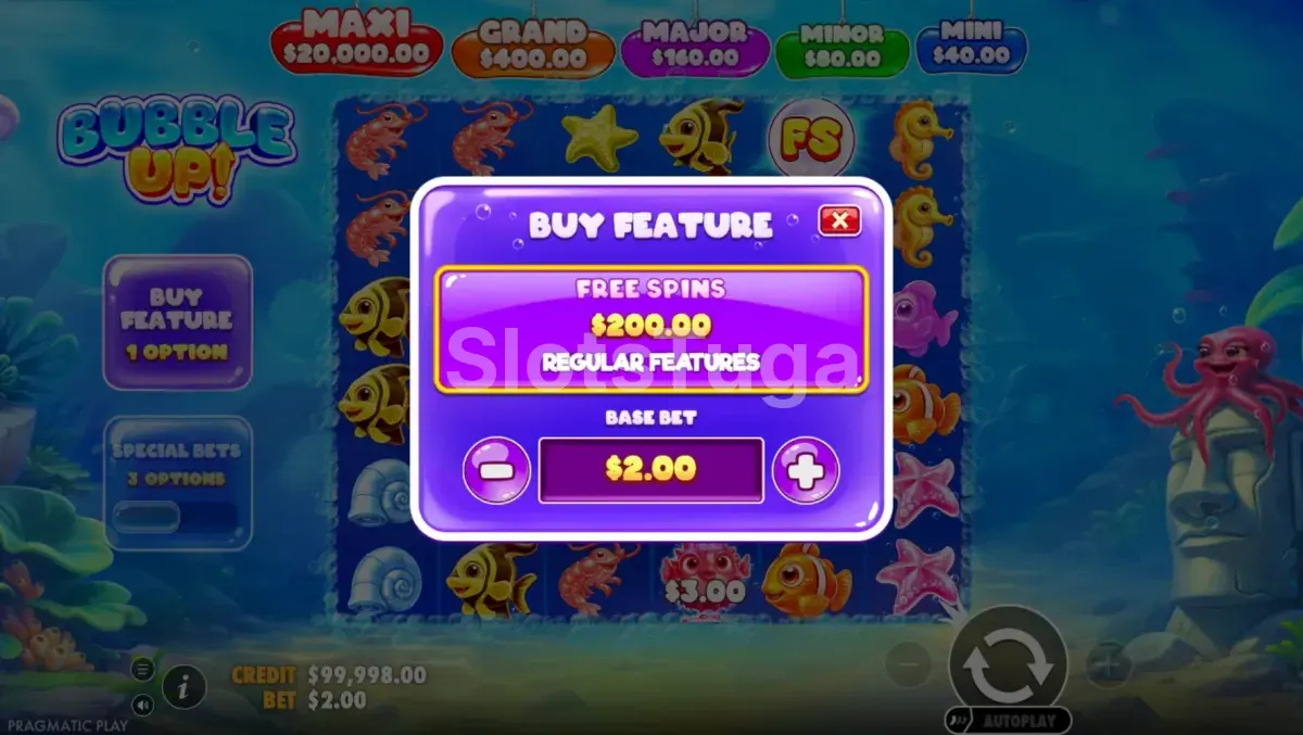Tela de compra de bônus da Bubble Up! com opções de aposta especial