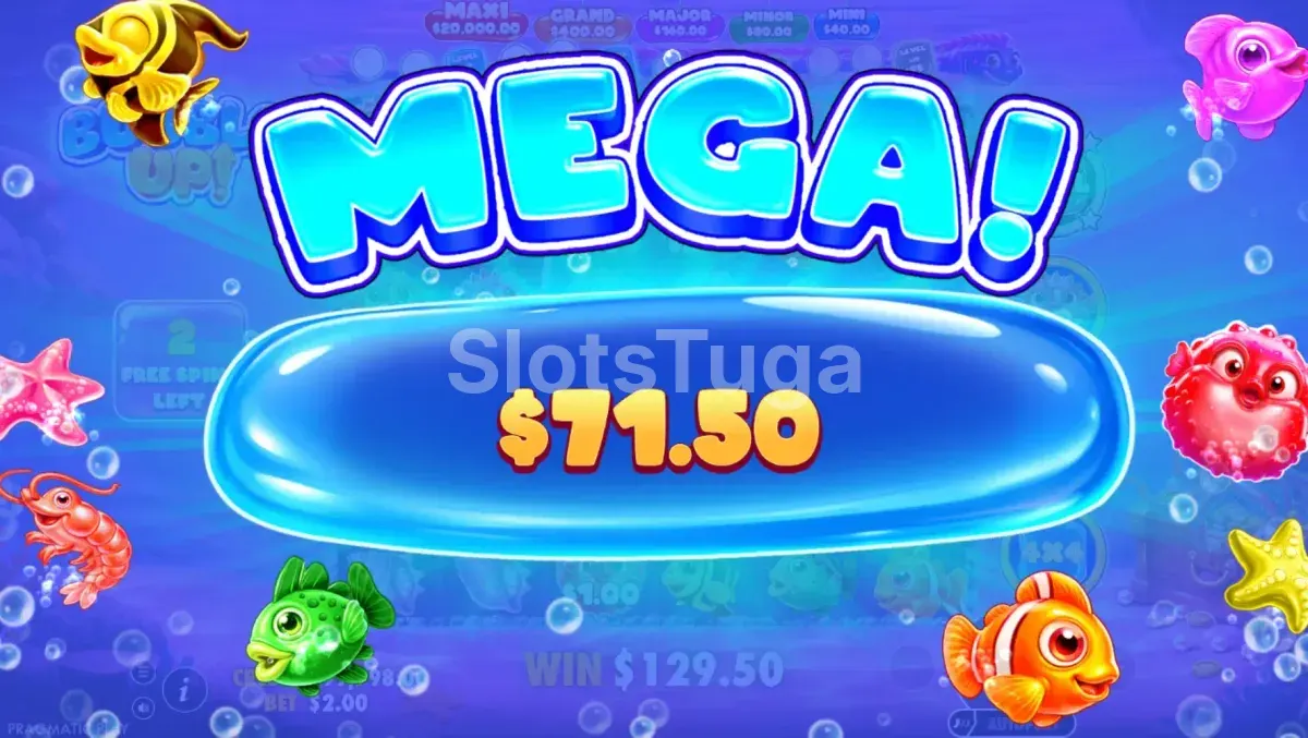 Grande vitória na Bubble Up! com Money symbols em frames sobrepostos