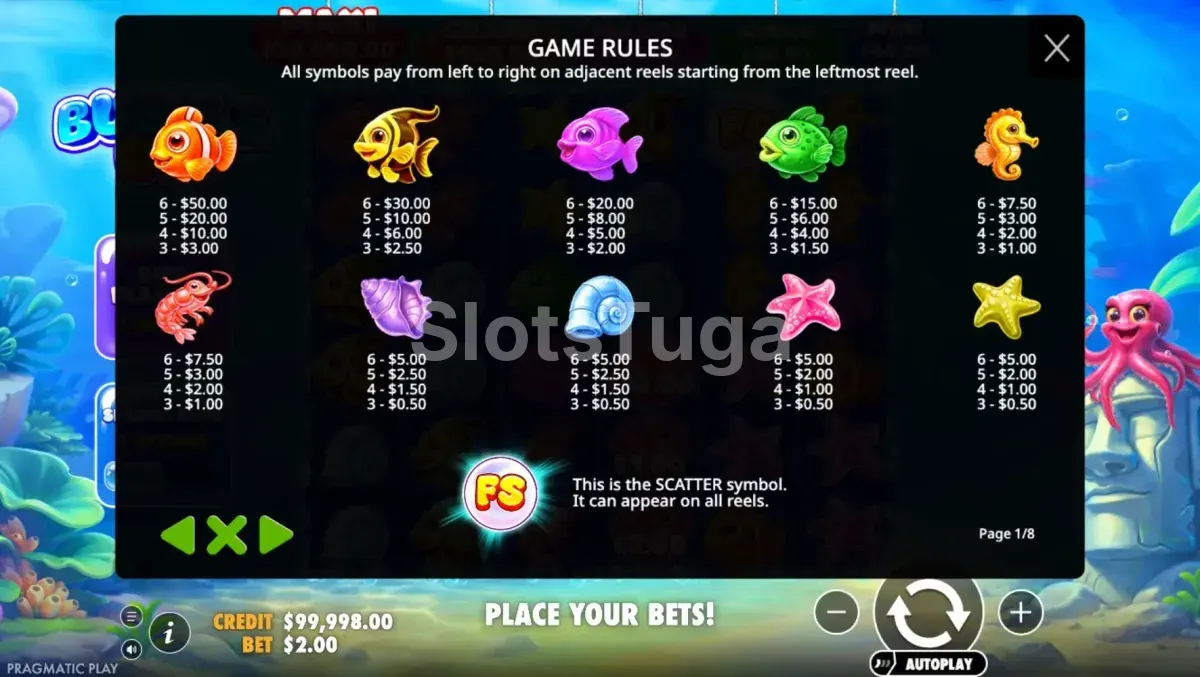 Tabela de pagamentos da Bubble Up! com valores dos símbolos