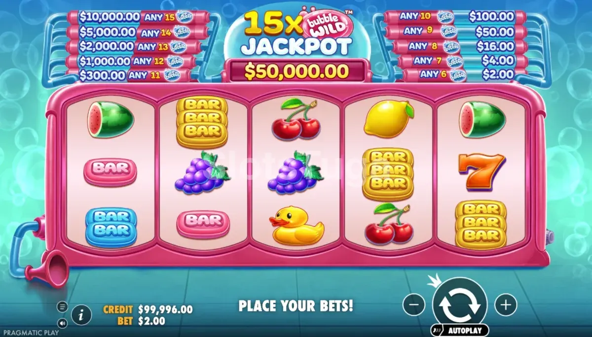 Segunda vista do jogo base de Bubble Wild com símbolos Bubble nos rolos